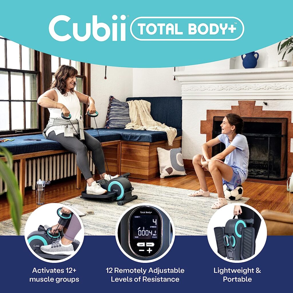 Cubii Total Body and GO, Under Desk Elliptical, Bike Pedal Exerciser, Illuminated LCD Fitness Tracker Screen, Adjustable Resistance, Built In Resistance Bands, Work from Home Fitness, Wheels and Handle